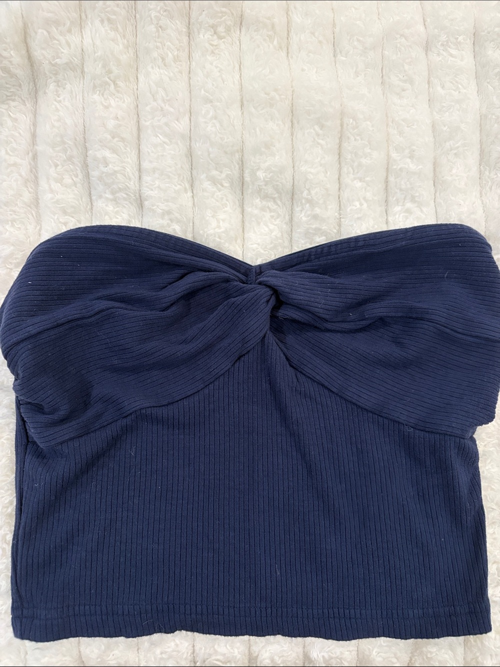 Garage Navy Ribbed Twist-Front Strapless Crop Top